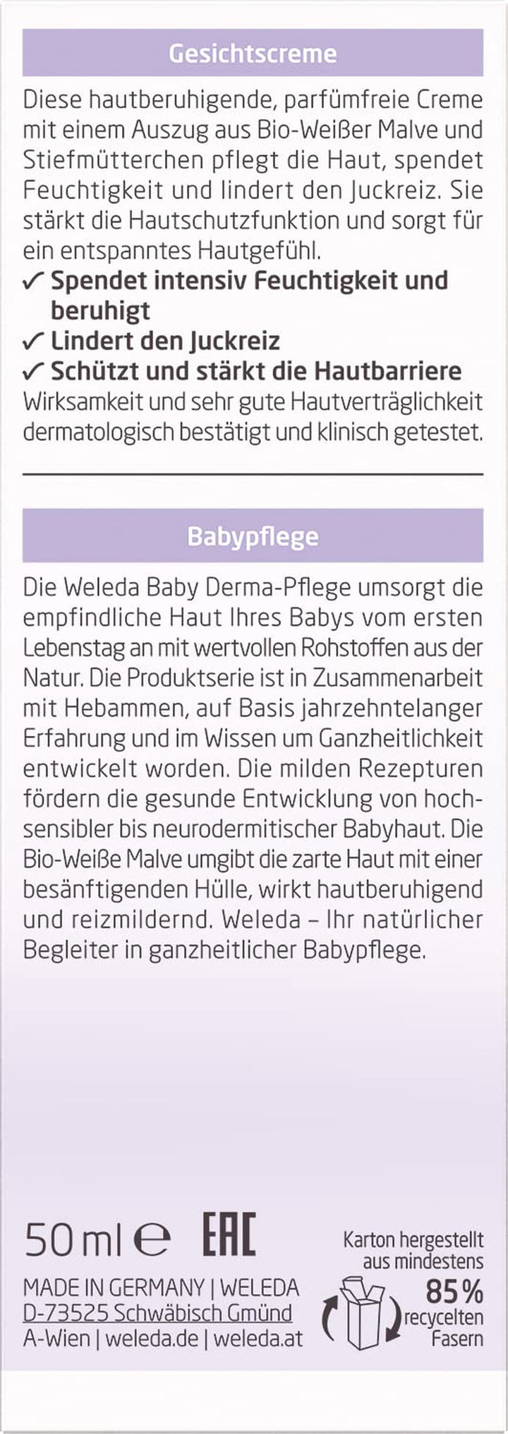 WELEDA Organic Baby Derma White Mallow Face Cream, cremă hidratantă pentru pielea foarte sensibilă și neurodermitică, cosmetice naturale pentru îngrijire intensivă și ameliorarea mâncărimii (1 x 50 ml)