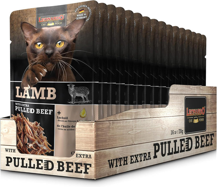 LEONARDO Fresh Pouch [16X70G Pui cu fâșii de carne] Pulled Beef | Hrană umedă fără cereale pentru pisici | Hrană completă pentru pisici