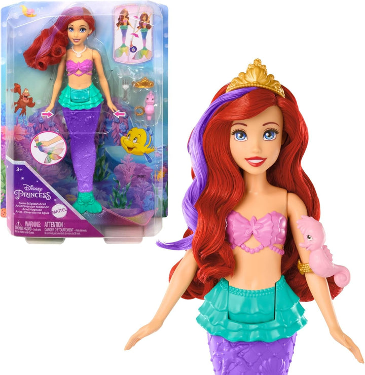Mattel Disney Princess Toys, Make-up Shell Mermaid Arielle Fashion Doll cu coadă detașabilă, masă de machiaj cu 5 surprize pop-up repetabile și 5 accesorii, JBF86