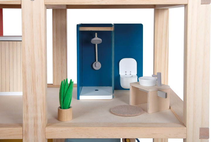 Casă de păpuși din lemn Small Foot, culori naturale - 3 etaje cu terasă pe acoperiș și set de mobilier din 51 de piese, încurajează jocul creativ, potrivită de la 3 ani, 12541