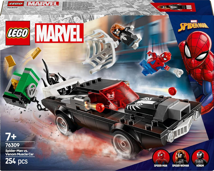 LEGO Marvel Spider-Man Mech Vs. Venom Muscle Car - Mașină de jucărie cu 3 minifigurine de supereroi - Model de mașină cu trăgători - Cadou pentru băieți și fete cu vârsta de 7+ 76309
