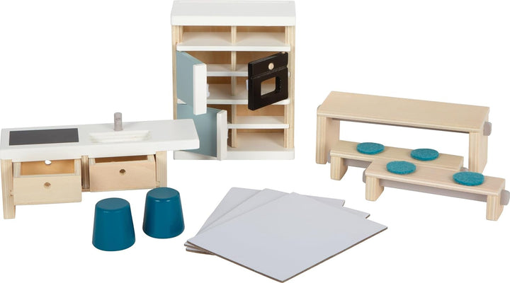 Casă de păpuși din lemn Small Foot, culori naturale - 3 etaje cu terasă pe acoperiș și set de mobilier din 51 de piese, încurajează jocul creativ, potrivită de la 3 ani, 12541