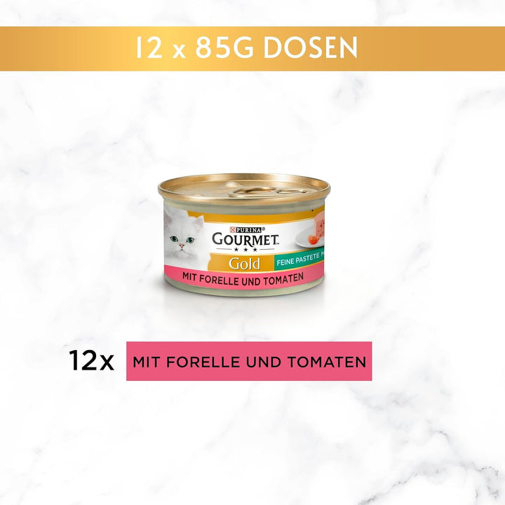 Gourmet Gold Fine Pâté With Vegetables Hrană umedă pentru pisici, cu păstrăv și roșii, 12Pack (12 X 85G)