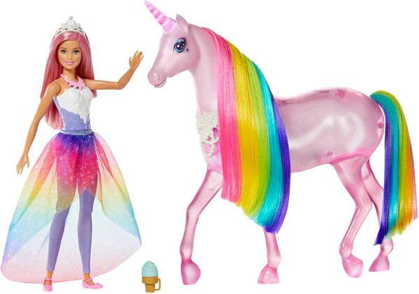 Barbie Dreamtopia Magical Magic Light Unicorn, cu 25+ lumini și sunet, incl. păpușă Barbie și unicorn, cadou pentru copii, jucărie de la 3 ani, GWM78