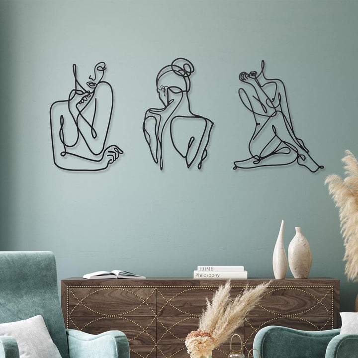 3 bucăți Metal Minimalist Woman Wall Art Deco Modern Metal Abstract Woman Wall Art Female Single Line Line Drawings to Hang for Living Room (negru, modern) Statuete si sculpturi Naty Shop