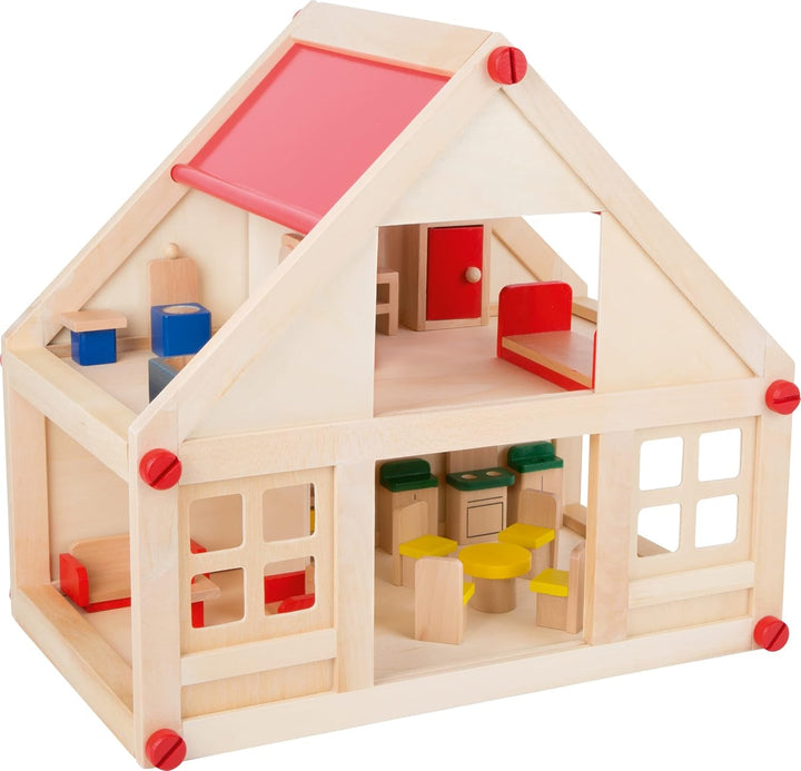 Casă de păpuși din lemn Small Foot, culori naturale - 3 etaje cu terasă pe acoperiș și set de mobilier din 51 de piese, încurajează jocul creativ, potrivită de la 3 ani, 12541