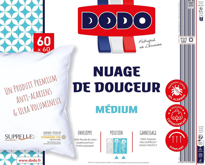 DODO Premium Pillow, 60 X 60 Cm, Medium Comfort, Perna Cloud De Douceur | Miteproof And Fluffy | Percale Cotton + Piping Lavabilă la mașină la 40 °C