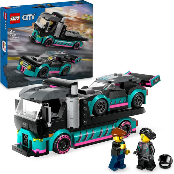 LEGO City Car Transporter cu mașină de curse, camion jucărie cu rampă de încărcare reglabilă și mașină de curse, set de construcție cu 2 minifigurine, șofer de curse și șofer de camion, copii de peste 6 ani 60406