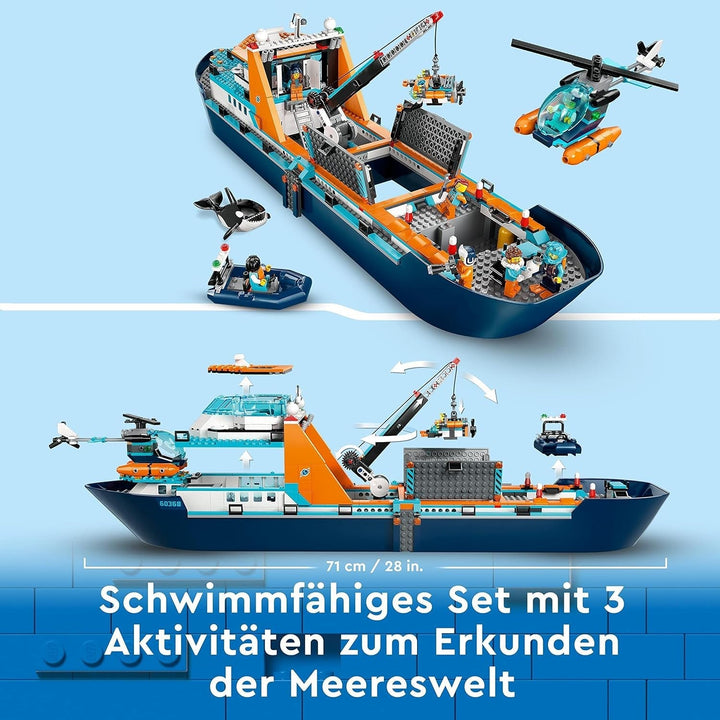 LEGO City Arctic Research Ship, barcă mare de jucărie plutitoare cu elicopter, barcă pneumatică, submarin Rov, epavă vikingă, 7 minifigurine și figură Orca, cadou pentru copii cu vârsta de 7+ 60368