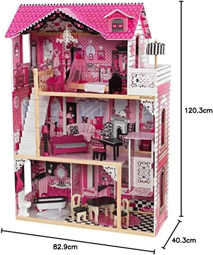 Casă de păpuși din lemn Kidkraft Amelia cu mobilier și accesorii, set de joacă cu balcon și lift pentru păpuși de 30 cm, jucărie pentru copii de la 3 ani, 65093
