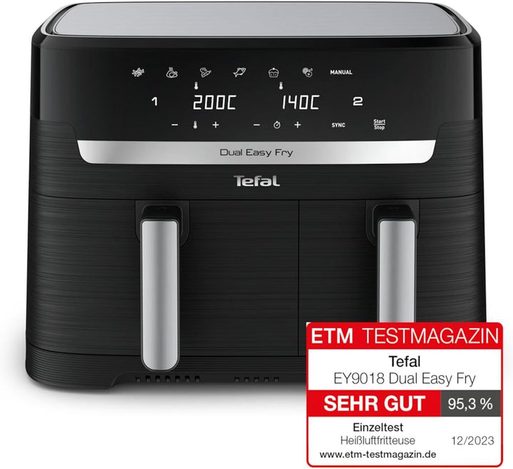 Tefal Dual Easy Fry Heißluftfritteuse Doppelkammer, 5,2/3,1 L Fassungsvermögen, Zwei Unabhängige Schubladen, 7 Programme, Energiesparender Airfryer, Schwarz, EY9018