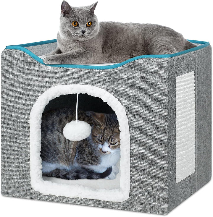 BRIAN & DANY Peșteră pliabilă pentru pisici, căsuță mare pentru pisici, peșteră pentru pisici de interior cu zgârietură și minge de joacă, 40 x 40 x 32 cm, gri