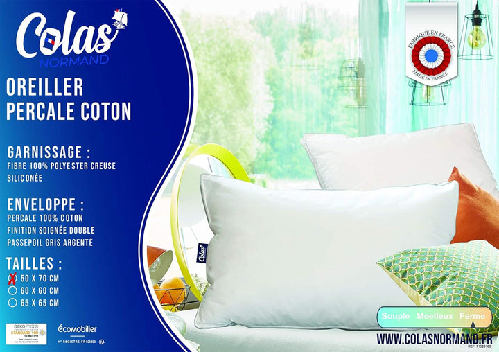 Pernă, Bumbac, Percale, 50 X 70 Cm, Finisaj fin, Confort, Percale, 100% bumbac, De înaltă calitate, Moale, Fabricat în Franța, Alb 73130220