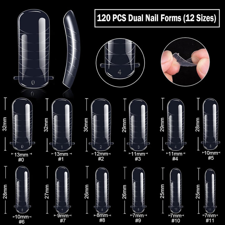 Set de 120 de forme pentru unghii, extensii de unghii, forme cu gel pentru unghii, set de forme pentru unghii cu perie cu două capete și pilă pentru unghii cu cleme, pentru unghii cu gel
