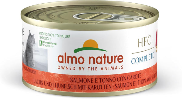 Almo Nature HFC Complete, hrană umedă pentru pisici adulte - somon și ton cu morcovi - pachet de 1,68 kg (24 X 70 g)