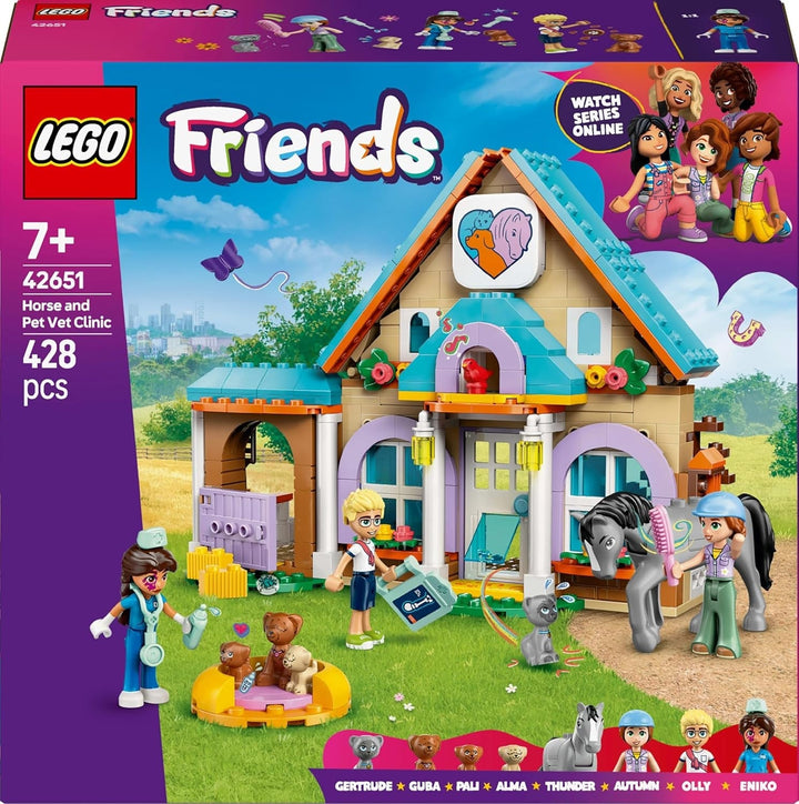 LEGO Friends Cabinet veterinar pentru cai și animale de companie, set de construcție și joacă pentru jocuri de rol imaginative cu 3 minifigurine și 5 figurine de animale, idee de cadou pentru fete de la 7 ani 42651