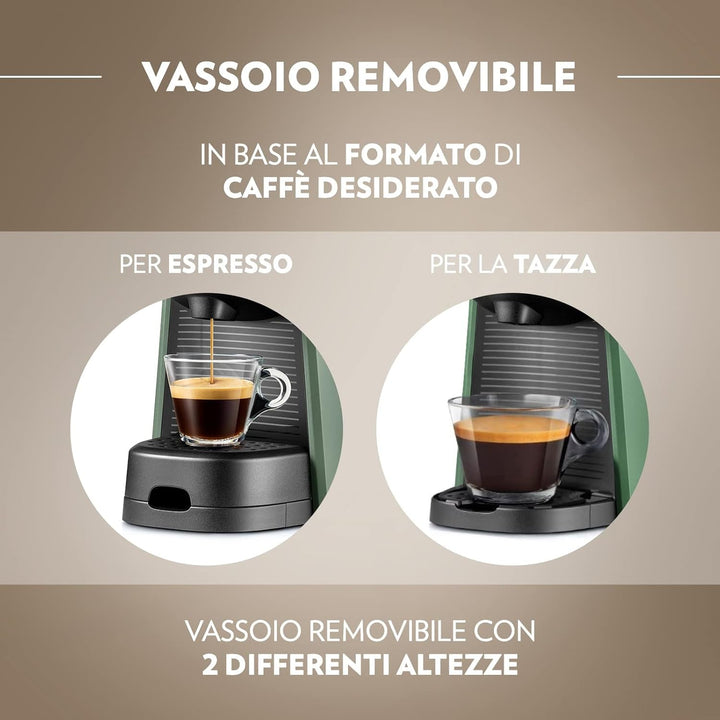 Lavazza, un aparat de cafea Modo Mio Tiny Eco Green cu 64 de capsule asortate, espressor fabricat din plastic reciclat, 1450 W, 220-240 V, 50/60 Hz, 0,6 litri