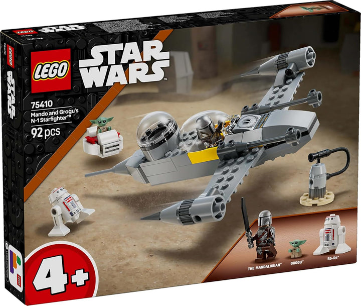 Jucărie LEGO Star Wars 75410 Mandos și Grogus N-1 Starfighter cu minifigurinele Mandalorian, Grogu și R5-D4, inclusiv coloană construibilă, set de pornire pentru nave stelare pentru băieți și fete de la 4 ani