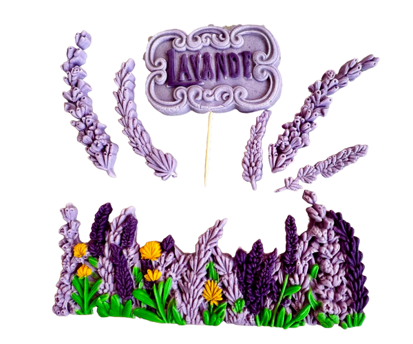 Establecer 7 decoraciones comestibles de pasta de azúcar, lavanda