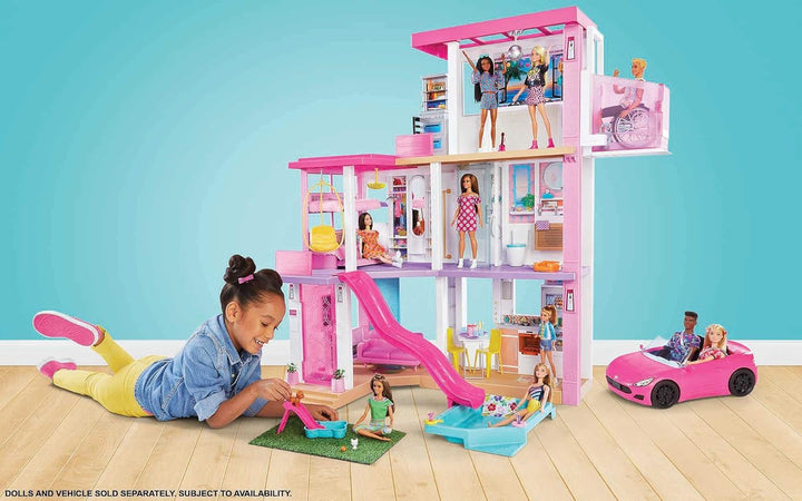 Barbie Dream House (114 Cm), casă de păpuși cu 3 etaje, piscină, tobogan, lift pentru scaun cu rotile, 75 de accesorii, păpuși, Potrivit ca cadou pentru copii cu vârsta de 3 ani și peste, GRG93