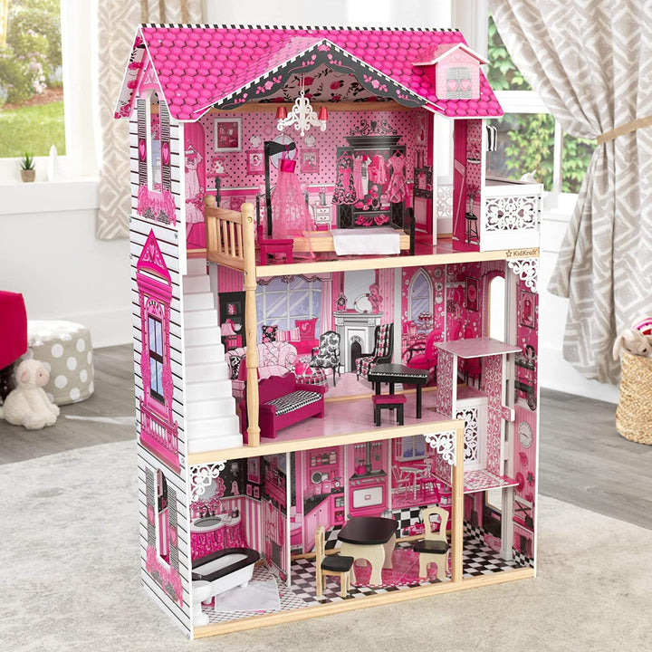 Casă de păpuși din lemn Kidkraft Amelia cu mobilier și accesorii, set de joacă cu balcon și lift pentru păpuși de 30 cm, jucărie pentru copii de la 3 ani, 65093