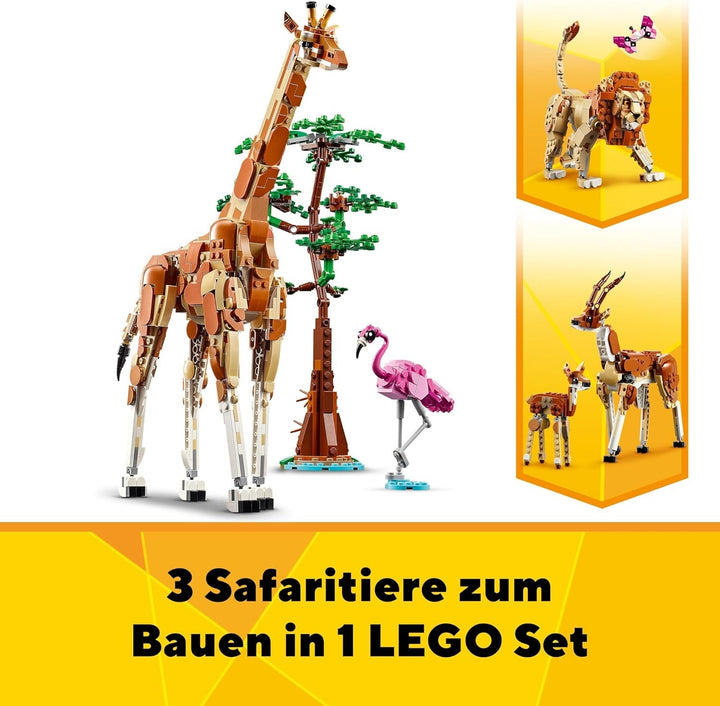 LEGO Creator 3In1 Animal Safari, set creativ cu figurine de animale, 3 opțiuni de construcție: Girafă de jucărie, gazelă și leu, animale de jucărie pentru fete și băieți, cadou natural pentru copii cu vârsta de 9+ 31150