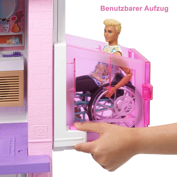 Barbie Dream House (114 Cm), casă de păpuși cu 3 etaje, piscină, tobogan, lift pentru scaun cu rotile, 75 de accesorii, păpuși, Potrivit ca cadou pentru copii cu vârsta de 3 ani și peste, GRG93