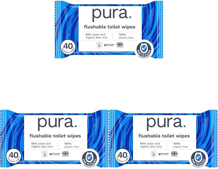 Șervețele umede Eco Flushable, 1 pachet (40 de șervețele), 100% fără plastic, 99% apă, șervețele umede sensibile și hrănitoare, certificate "Fine to Flush" Biodegradabile, Vegan (pachet cu 3)