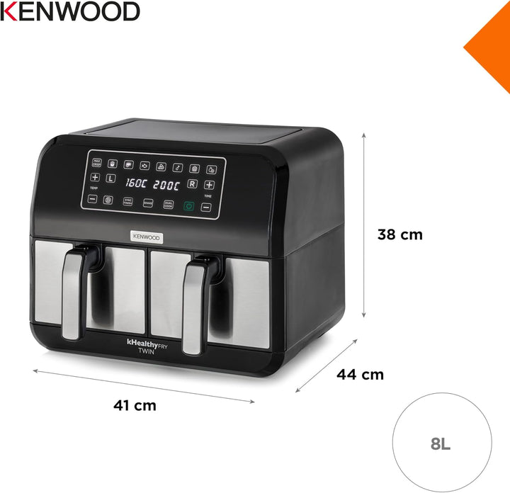 Kenwood Khealthy Twin Airfryer, 8L (2X4L), Doppelkammer, 8 Programme, Dual Cook & Sync Finish Funktion, Touch-Display, Antihaft, 200º, Timer (Bis 60 Min) & 24 H Dörrfunktion), Heißluftfriteuse