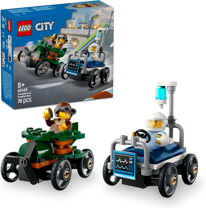 LEGO City Airplane Vs. Hospital Bed Race Car Set - Jucărie Soapbox pentru băieți și fete de la 5 ani - Set de construcție cu 2 minifigurine - Cadou aniversar și de vacanță 60459