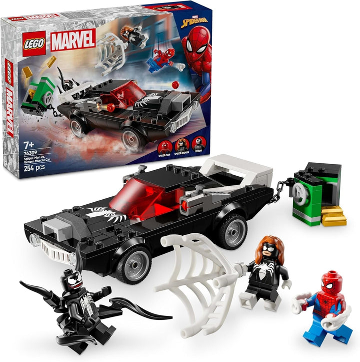 LEGO Marvel Spider-Man Mech Vs. Venom Muscle Car - Mașină de jucărie cu 3 minifigurine de supereroi - Model de mașină cu trăgători - Cadou pentru băieți și fete cu vârsta de 7+ 76309
