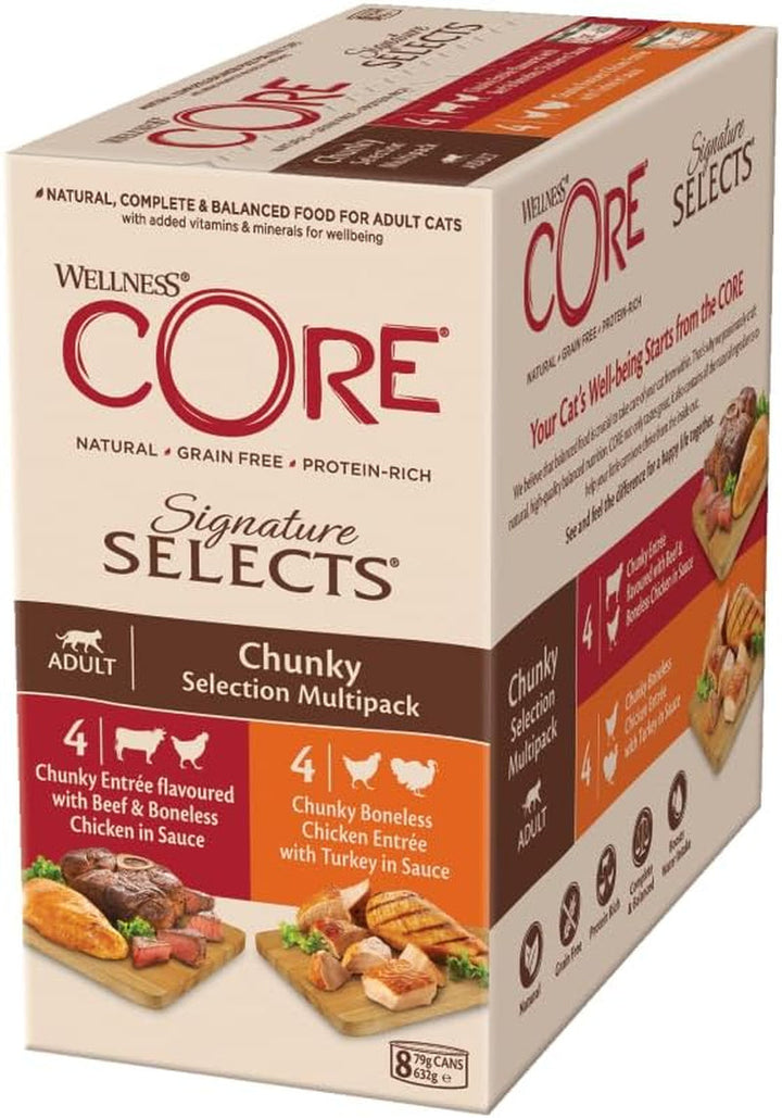 Wellness CORE Signature Selects, Shredded Selection Mix, 8 X 79 G, Hrană umedă premium pentru pisici adulte în sos, fără zahăr adăugat, fără cereale, cu conținut ridicat de carne