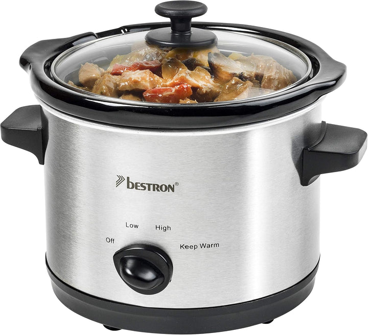 Bestron Slowcooker Für 4 Personen, Schongarer Mit Keramikpfanne & Glasdeckel, 3 Stufen-Thermostat, Ideal Für Viele Gerichte Wie Fleisch, Suppen & Gemüse, 3.5 Liter, Farbe: Silber