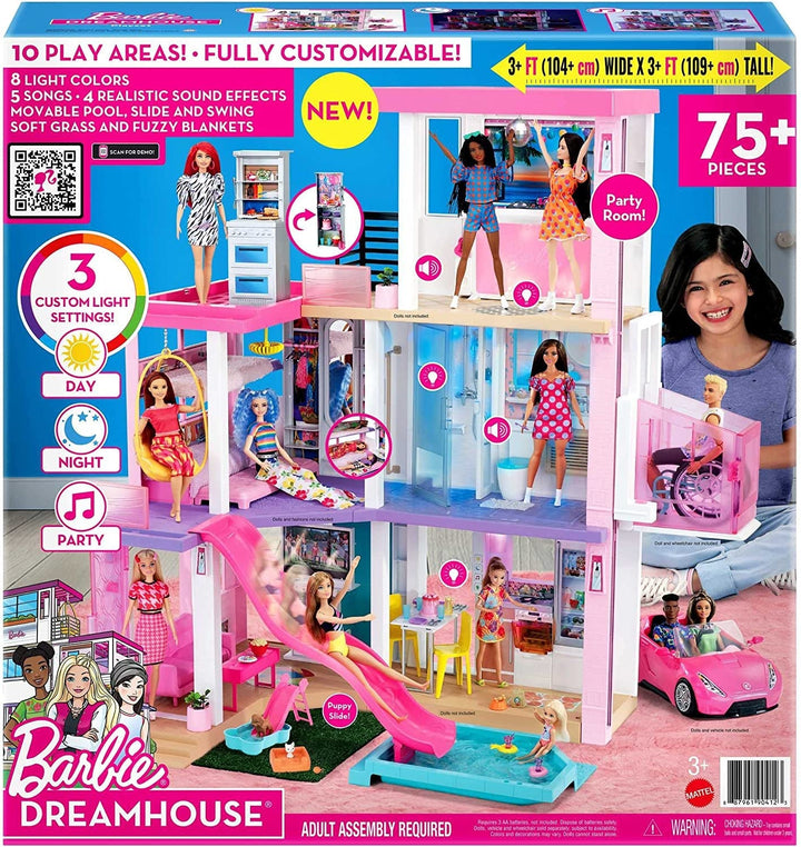 Barbie Dream House (114 Cm), casă de păpuși cu 3 etaje, piscină, tobogan, lift pentru scaun cu rotile, 75 de accesorii, păpuși, Potrivit ca cadou pentru copii cu vârsta de 3 ani și peste, GRG93