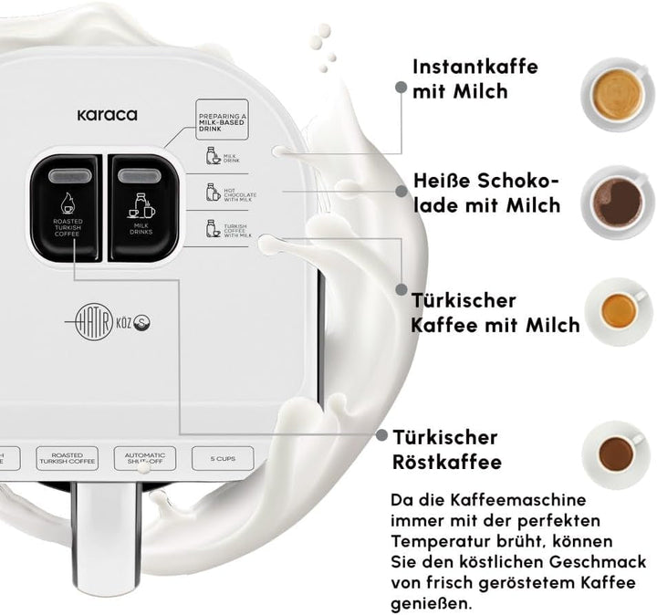 Cafetieră turcească Karaca HatÄ±r Köz, capacitate 300 ml, prepară 5 cești de cafea turcească, oprire automată și control al temperaturii, aromă autentică de cărbune, 535 W, alb
