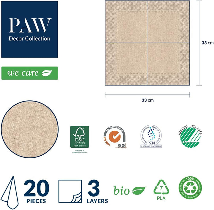 Path Decor Collection x Collection COLECCIÓN DE LA COLECCIÓN DE DISETA CM CM CON 3 capas. 20 piezas. Impreso con colores basados ​​en agua. Decoraciones de mesa. Nature, HIRSC, Paw_022022, ciervo, 33 x 33 cm (paquete con 3)