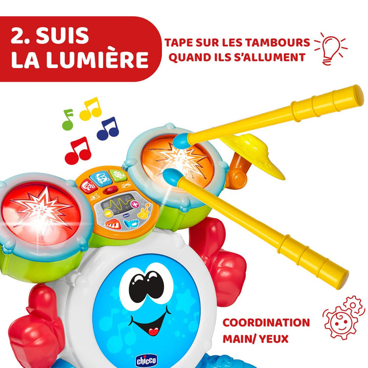 Chicco 00009820100000 Mi First set de tobe cu lumini și sunete, 3 moduri de redare instrument muzical cu baterie pentru copii, multicolor, Mare Jucarii Bebe Naty Shop