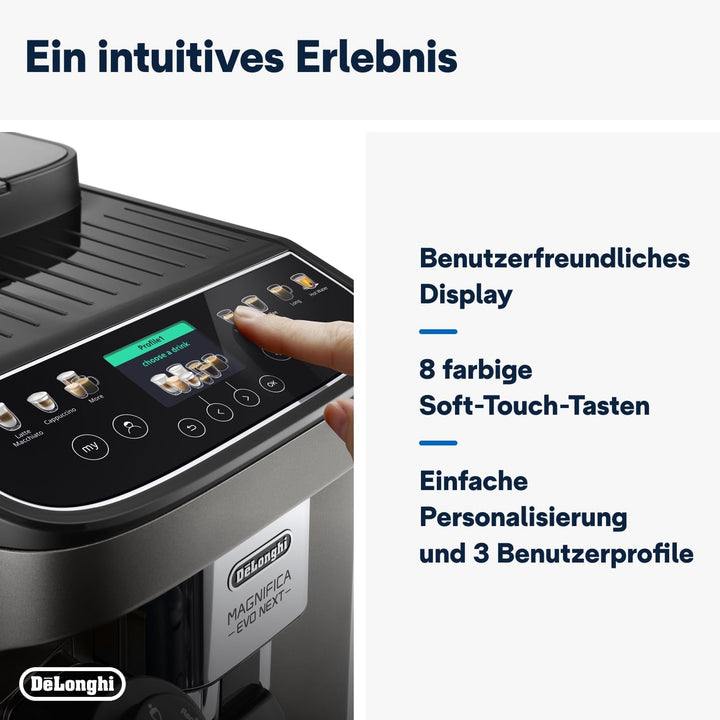 De'Longhi Magnifica Evo Next ECAM312.80.TB, aparat de cafea complet automat cu 13 băuturi (cappuccino, espresso, latte macchiato), ecran color TFT de 2,4'', sistem latte crema lapte, funcție 2 căni, titan