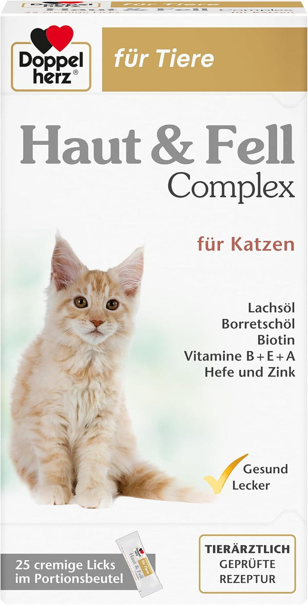 Double Heart Skin And Fur Complex pentru pisici - cu importanți acizi grași Omega-3 și Omega-6 - 25 linguri