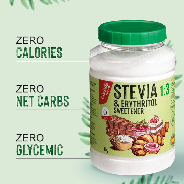 Stevia + Erythrit 1:3 Süßstoff | 1G = 3G Zucker | 100% Natürlicher Zuckerersatz - 0 Kalorien - 0 Glykämischer Index - Keto Und Paleo - 0 Netto-Kohlenhydrate - Kein GVO - Castello since 1907-1 Kg