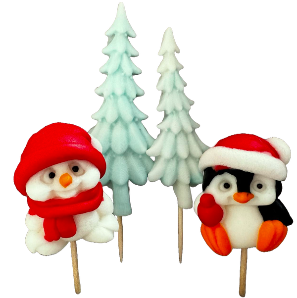 Conjunto de 4 decoraciones comestibles de pasta de azúcar, Navidad, pingüino, osito de peluche y abeto