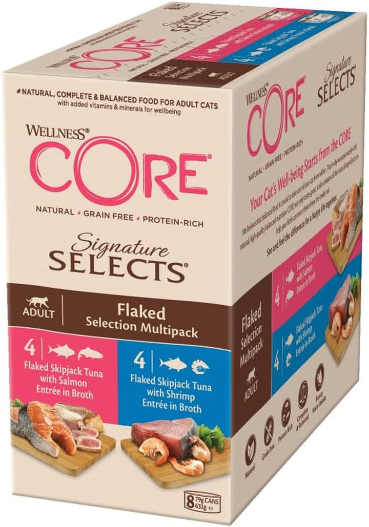 Wellness CORE Signature Selects, Shredded Selection Mix, 8 X 79 G, Hrană umedă premium pentru pisici adulte în sos, fără zahăr adăugat, fără cereale, cu conținut ridicat de carne
