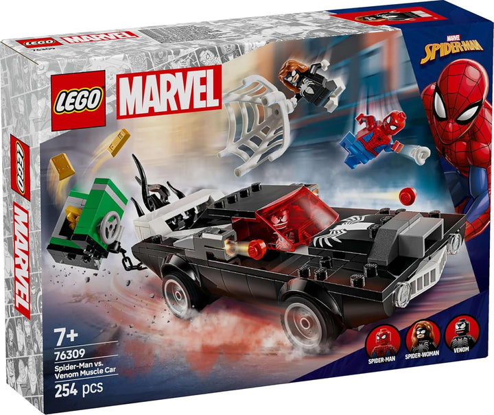 LEGO Marvel Spider-Man Mech Vs. Venom Muscle Car - Mașină de jucărie cu 3 minifigurine de supereroi - Model de mașină cu trăgători - Cadou pentru băieți și fete cu vârsta de 7+ 76309