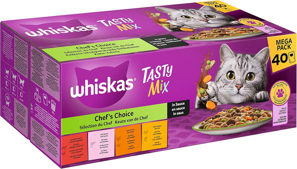 WHISKAS 1+ Hrană umedă pentru pisici - De la 1 an - 40X85G săculeți - Hrană umedă pentru pisici în sos - Hrană umedă de înaltă calitate pentru pisici - pachet mare