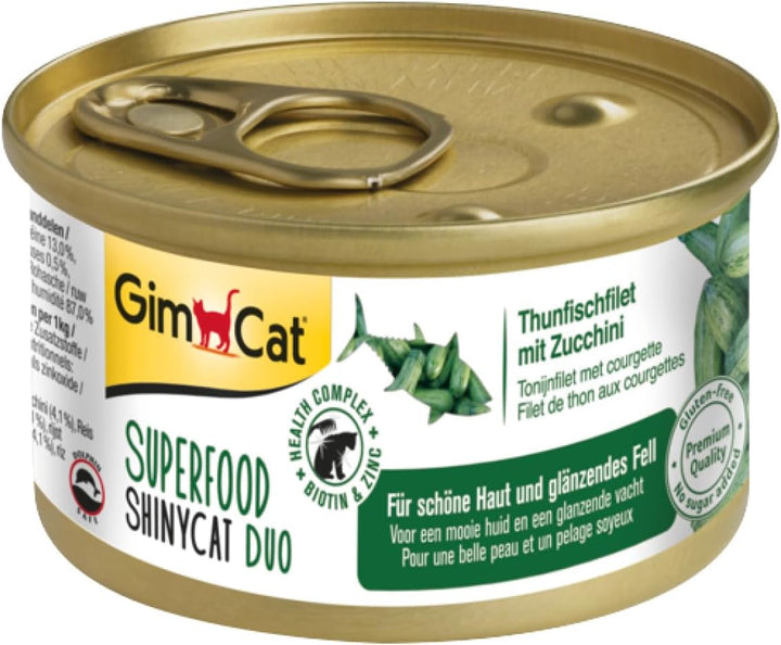 Gimcat Superfood Shinycat Duo Tuna With Tomatoes - Hrană pentru pisici cu file suculent fără zahăr adăugat pentru pisici adulte - 24 cutii (24 X 70 G)