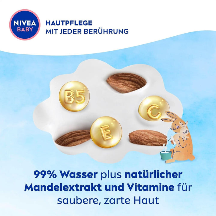 NIVEA Baby AQUA Feuchttücher, Baby Feuchttücher Zur Sanften Reinigung Empfindlicher Haut, Hypoallergene Und Parfümfreie Feuchttücher Für Babys Mit 99% Wasser (1 X 57 Stück)