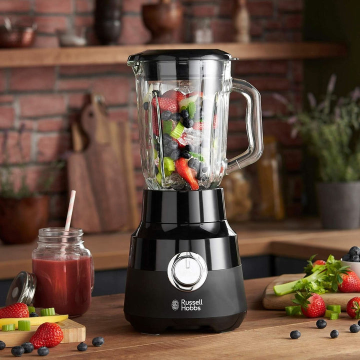 Russell Hobbs Standmixer [1,5L Glasbehälter] Matt Schwarz (Starker 0.9PS Motor, Impuls-/Ice-Crush-Funktion, Edelstahlmesser, Bpa-Frei Mixer, Elektrischer Zerkleinerer, Smoothie-Maker) 24722-56