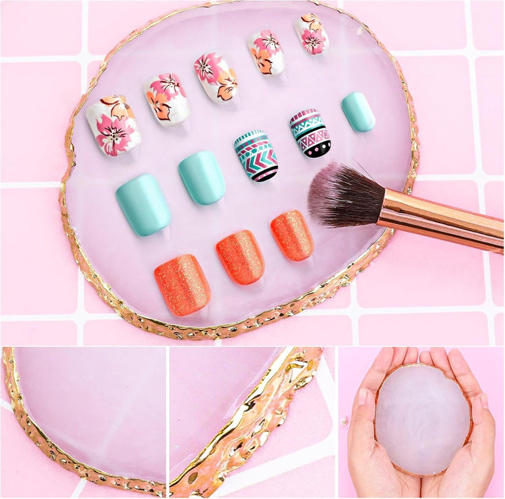 Harz Nail Art Palette,Maniküre Gemalt Palette,Goldener Rand Nagellackpalette,Nail Art Make up Paletten Display Fach Nagel DIY Zubehör(Weiß)