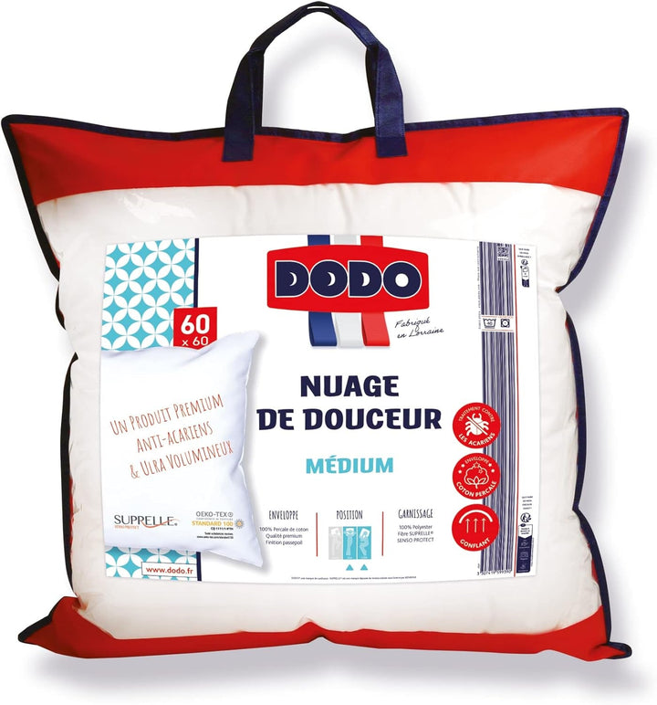DODO Premium Pillow, 60 X 60 Cm, Medium Comfort, Perna Cloud De Douceur | Miteproof And Fluffy | Percale Cotton + Piping Lavabilă la mașină la 40 °C