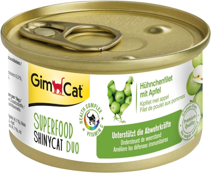 Gimcat Superfood Shinycat Duo Tuna With Tomatoes - Hrană pentru pisici cu file suculent fără zahăr adăugat pentru pisici adulte - 24 cutii (24 X 70 G)